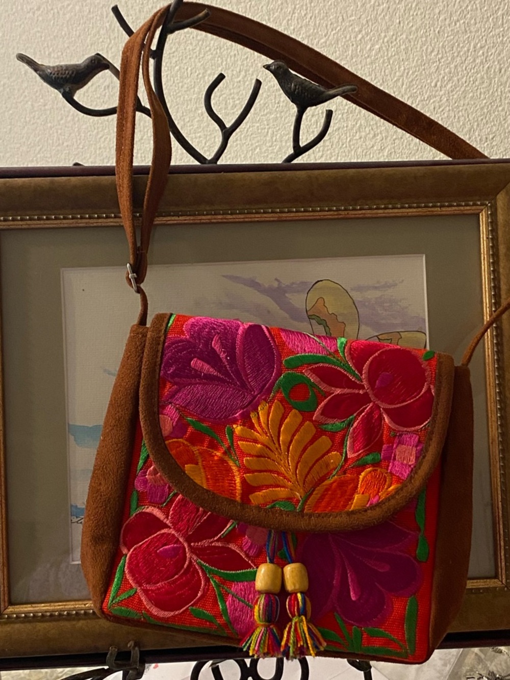 Hand-Embroidered Floral Crossbody Bag in Pink & Orange - Picture 2 of 10